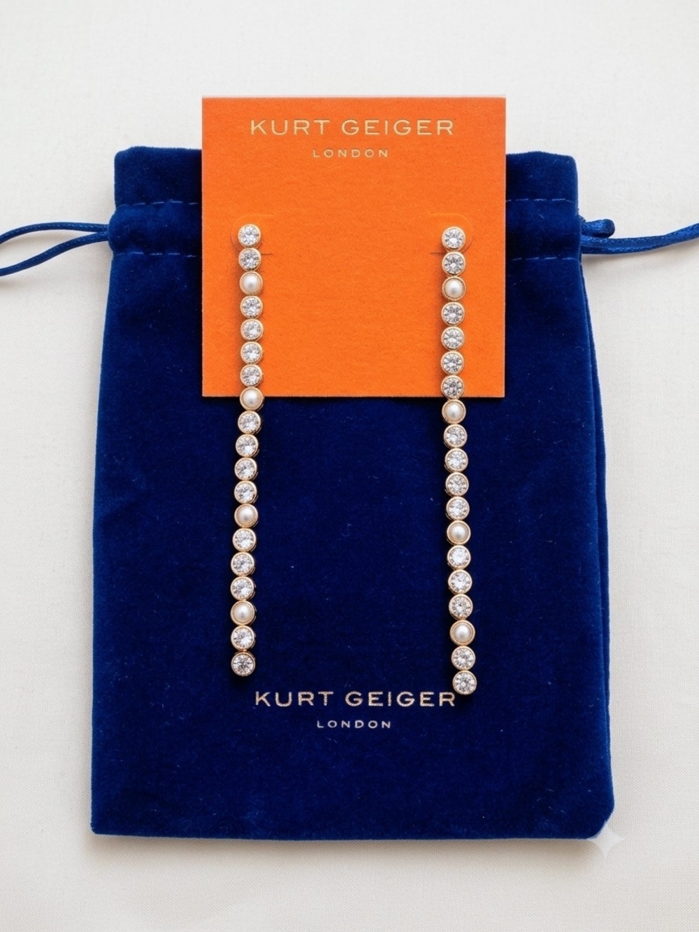 Kurt Geiger Gold Pearl and Crystal Linear Drop Earrings
